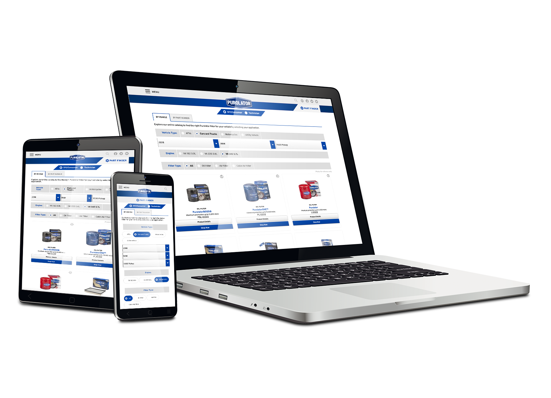 Laptop with smartphone and tablet mockup Access pureoil.com and utilize Purolator's Part Finder tool from any device.